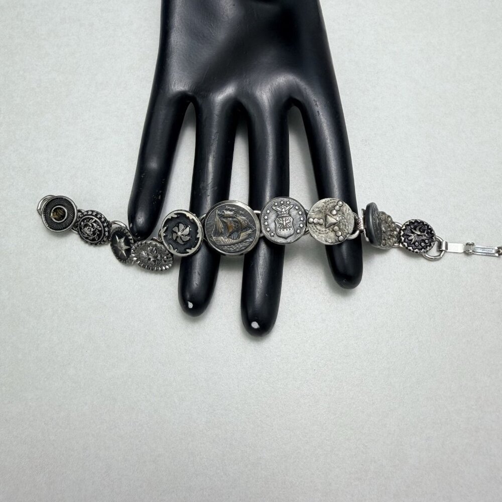 Vintage Button Bracelet Silver Tone Statement Link Size 6.75 Rare